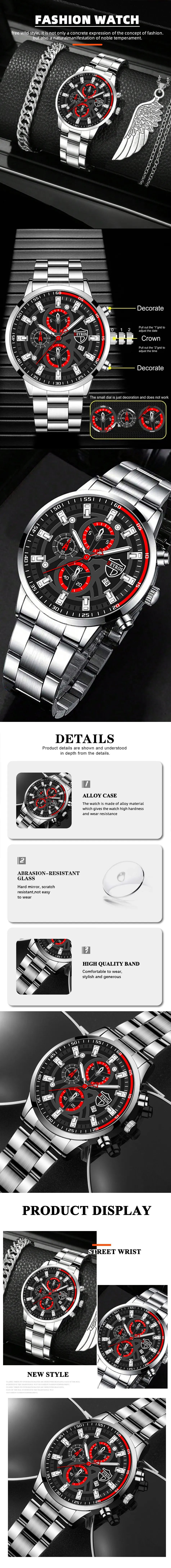 3PCS Set Fashion Luxury Mens Calendar Watches Male Casual Silver Quartz Watch Men Necklace Bracelet Wrist Watch