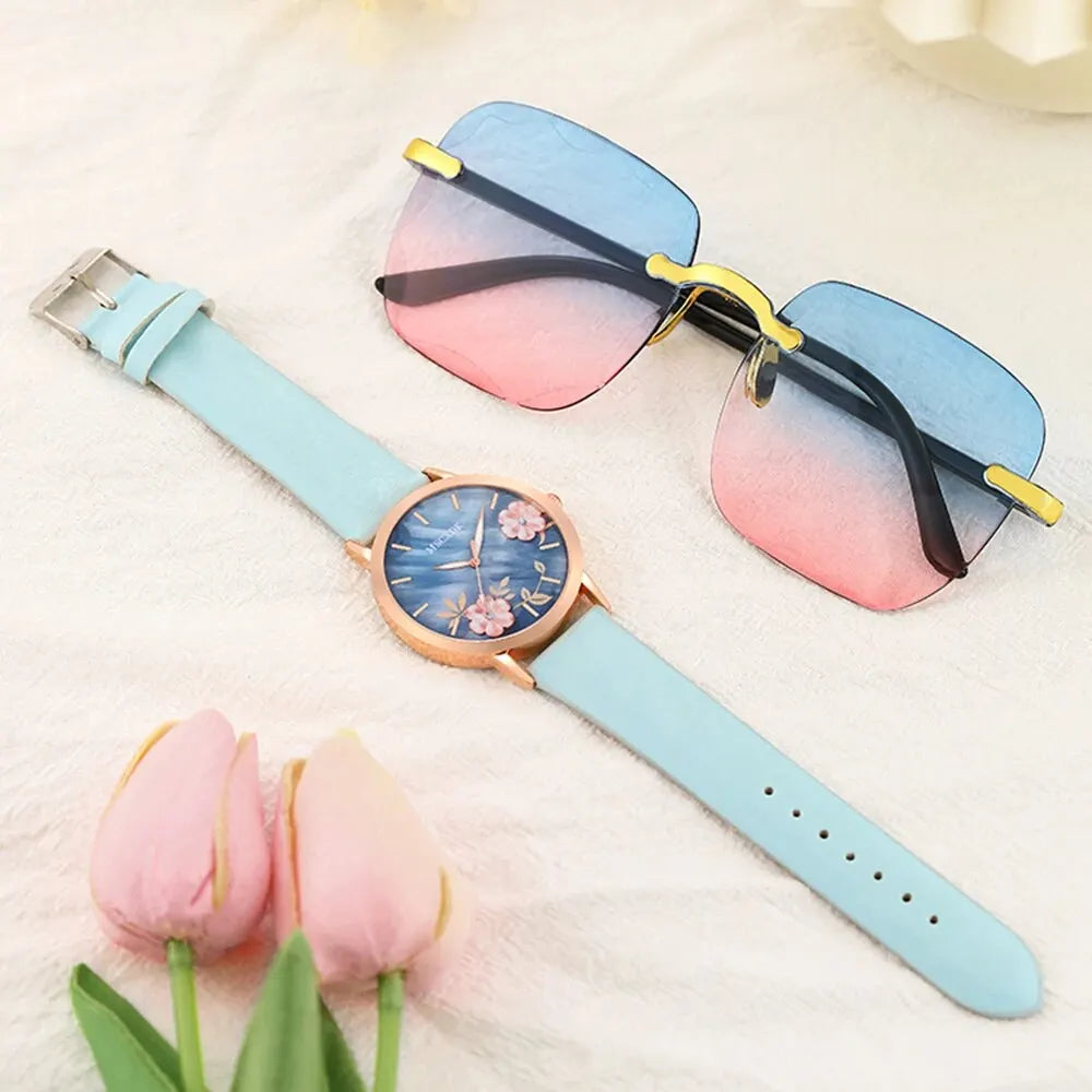 Women Fashion Watch Casual Bracelet Watches Glasses Set Ladies Simple Dial Quartz Wristwatches Dress Clock Montre Femme