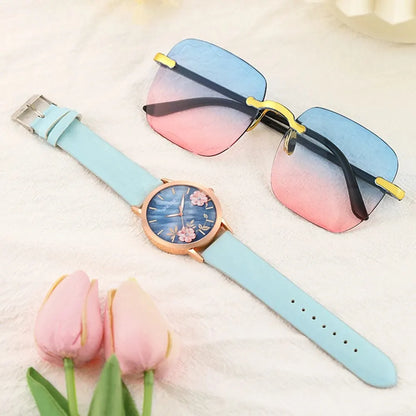 Women Fashion Watch Casual Bracelet Watches Glasses Set Ladies Simple Dial Quartz Wristwatches Dress Clock Montre Femme