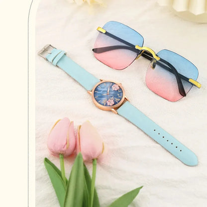 Women Fashion Watch Casual Bracelet Watches Glasses Set Ladies Simple Dial Quartz Wristwatches Dress Clock Montre Femme