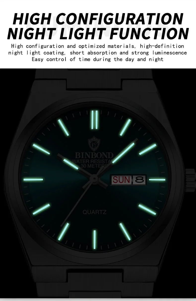 BINBOND Men's Watches Fine Steel Sport Fashion Original Quartz Watch for Man Waterproof Luminous Date Weel Gentleman Trend Relo