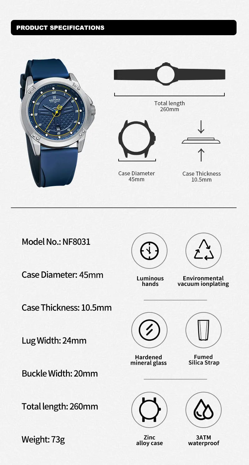 NAVIFORCE Casual Quartz Wristwatch Fashion Waterproof Men's Watches Sport Silicone Strap Male Luminous Clock Relogio Masculino