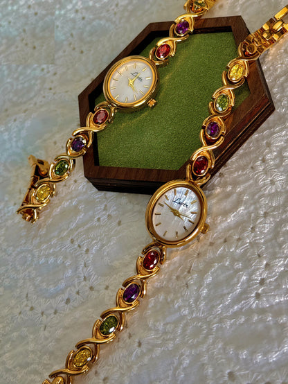 1pc New High-End Luxury Women's Watch Embedded With Colorful Tourmalines, Diamonds And An Oval Shaped Mother Of Pearl Dial.