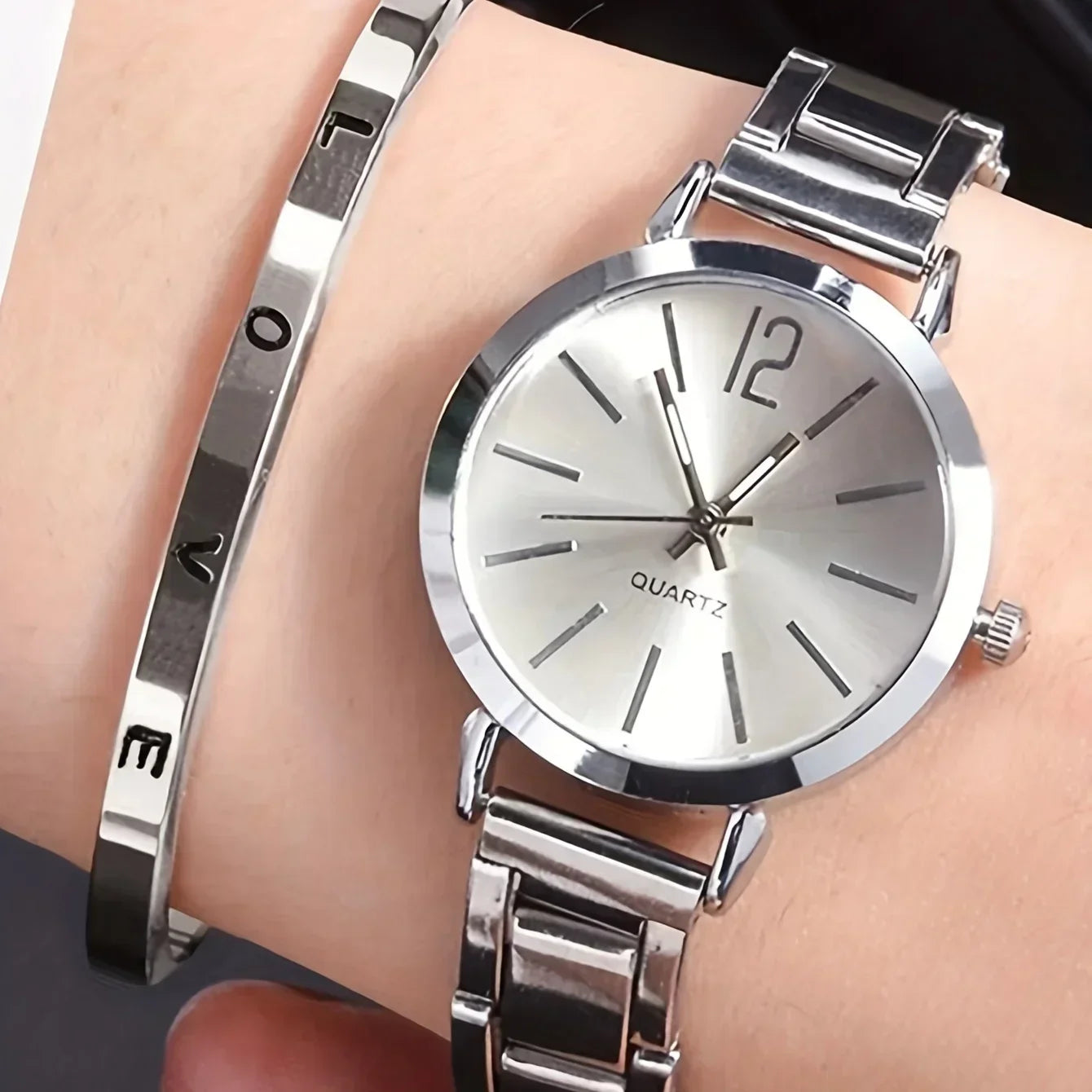 Ladies Fashion Simple Digital Alloy with Quartz Watch Bracelet 2pcs Set Luxury Women Simple Dial Ladies Watches Reloj Mujer