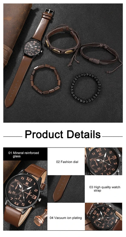 5PCS Set Fashion Mens Sports Bracelet Watches For Men Retro Big Dial Quartz Wrist Watch Classic Male Casual Brown Leather Watch