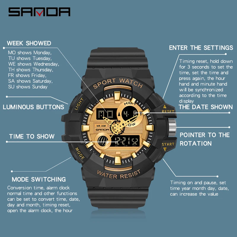 SANDA G Style White Sports Men's Watches Top Brand Luxury Military Quartz Watch Men Waterproof LED Digital Wristwatches